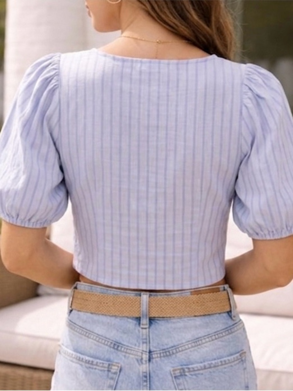 Abound Light Blue Striped Tie-Front Puff Sleeve Crop Top - Picture 2 of 2